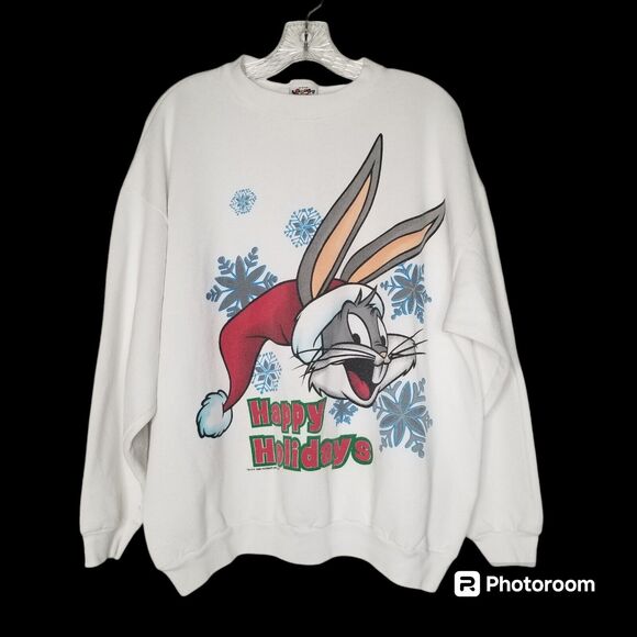 Vtg 90s Looney Tunes Bugs Bunny Santa Christmas Sweatshirt XL Happy Holidays - Picture 1 of 9